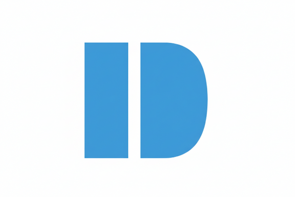 Blue logo with a stylized 'D' on a white background